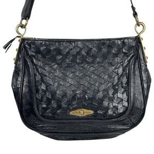 VTG Elliott Lucca 100% Black Woven Leather Gold Tone Hardware Shoulder Bag